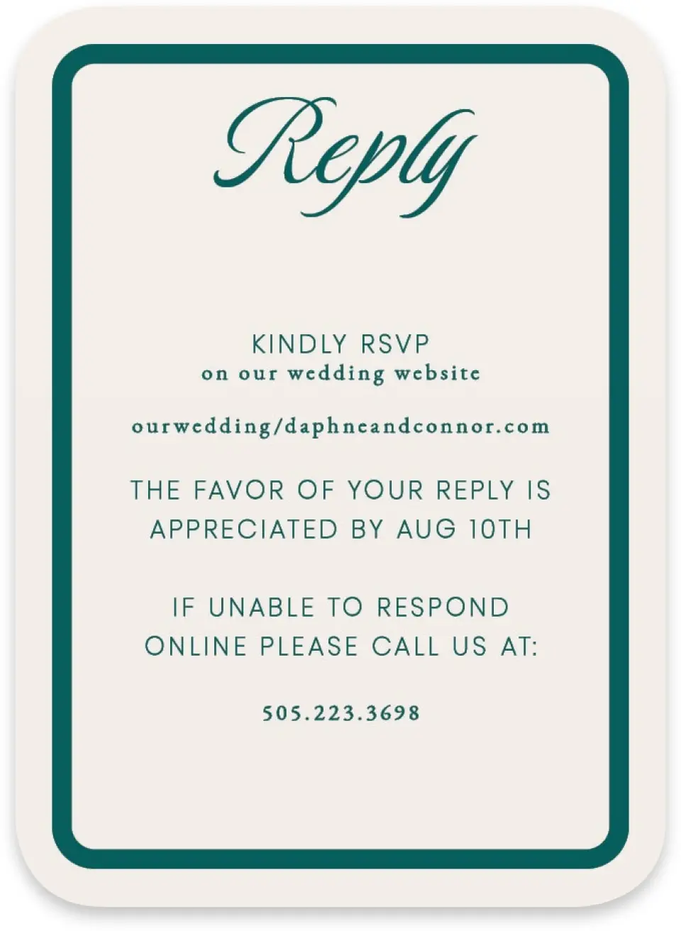 This is a 4½" x 3¼" Wedding Invitation RSVP Postcard called Faithful Frame printed in full color with Gold foil on Luxe Satin paper
