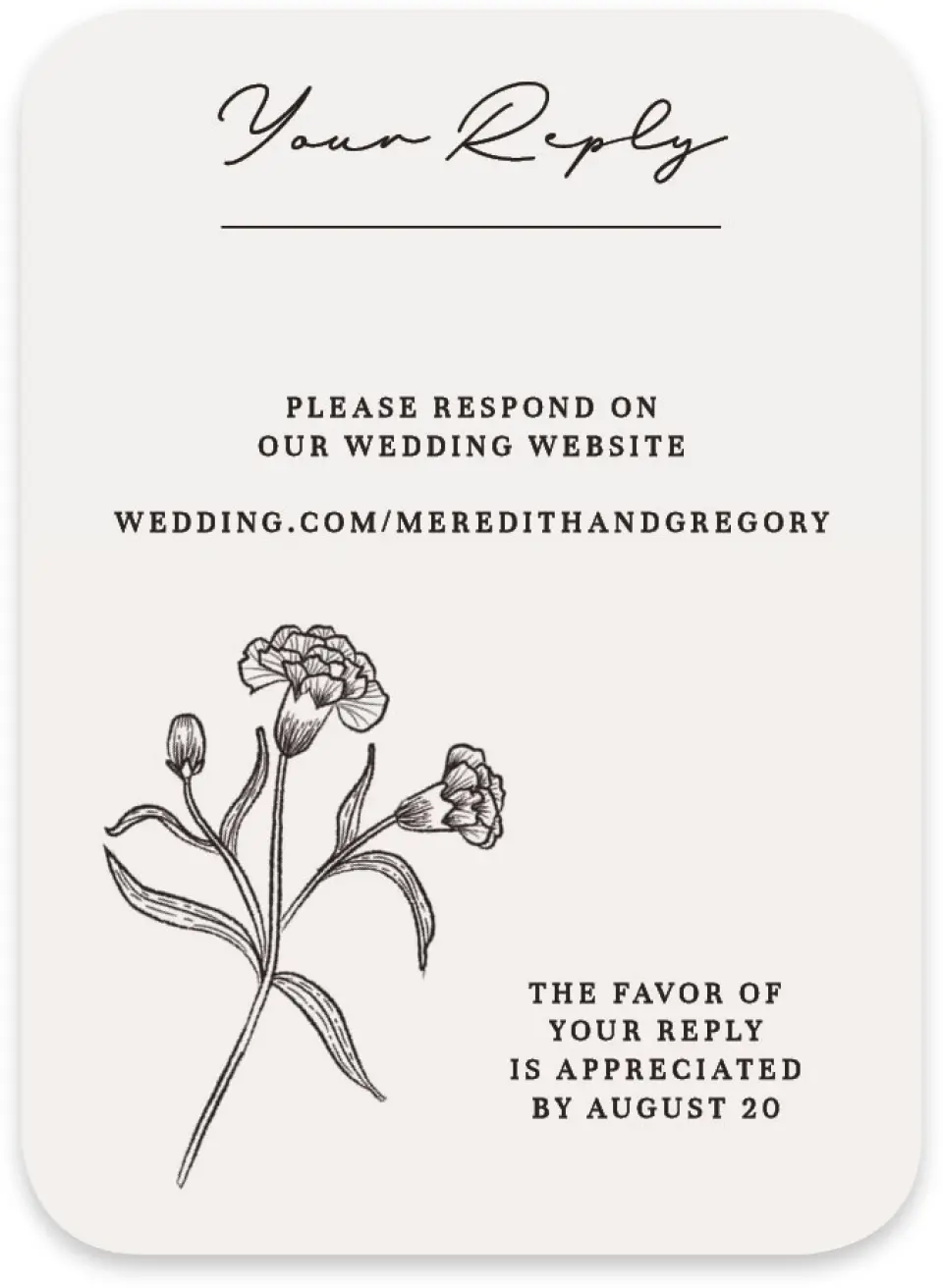 This is a 4½" x 3¼" Wedding Invitation RSVP Postcard called Opulent Endearment printed in full color with Gold foil on Luxe Satin paper