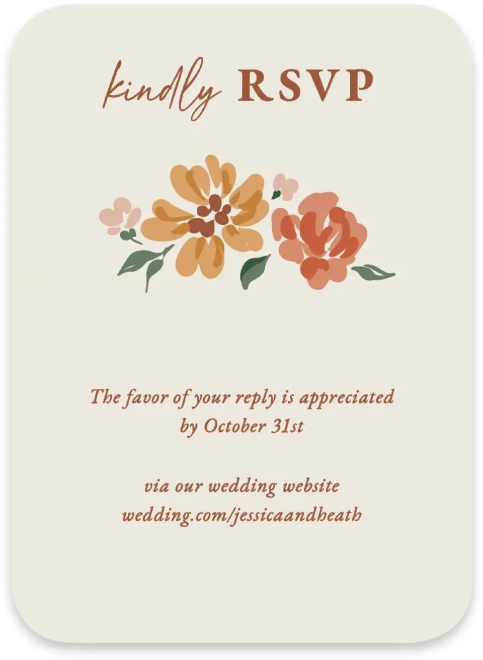 This is a 4½" x 3¼" Wedding Invitation RSVP Postcard called Plush Petals printed in full color with Gold foil on Luxe Satin paper