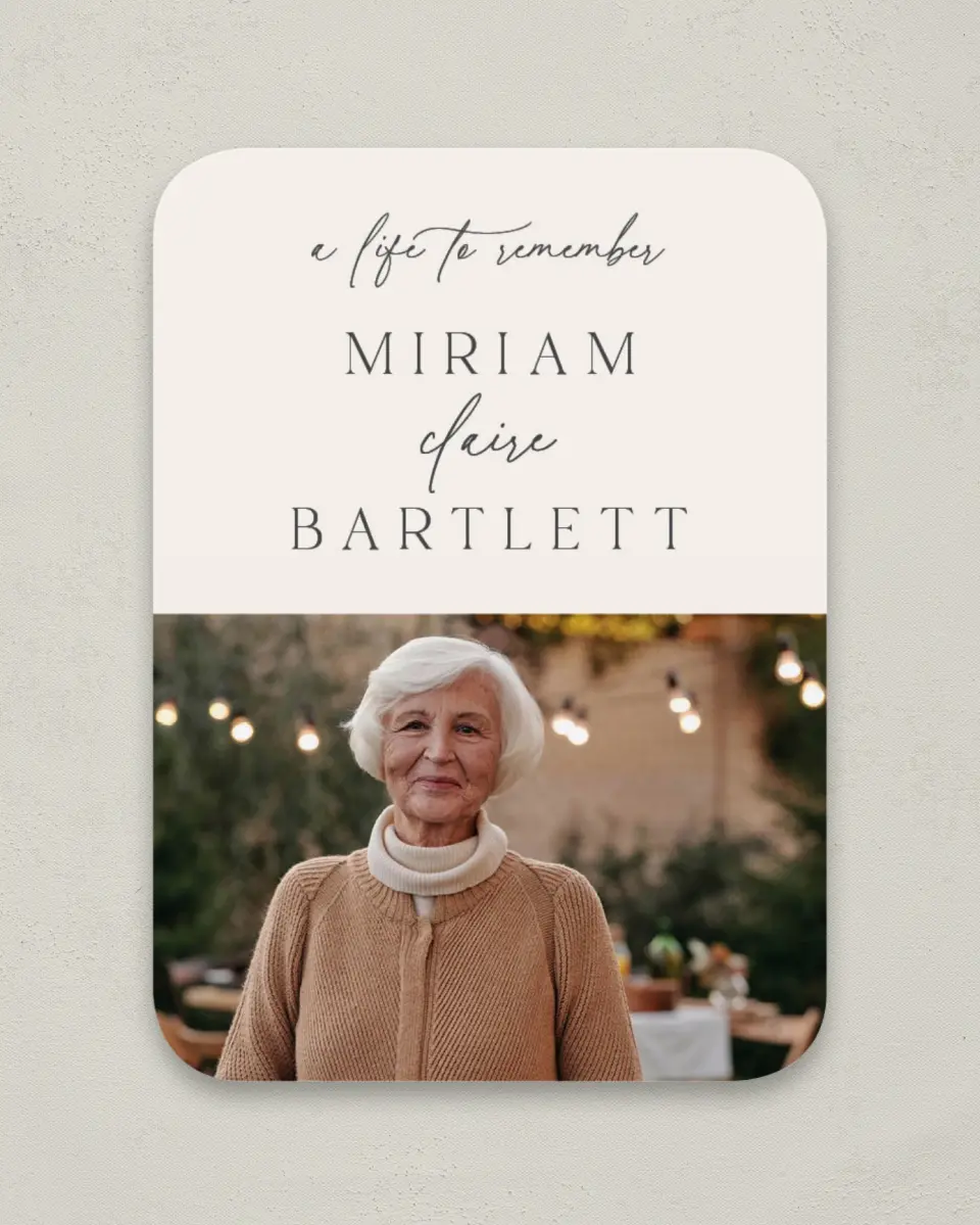 This is a 4½" x 3¼" Memorial Card called Cherished Life printed in full color on Luxe Satin paper