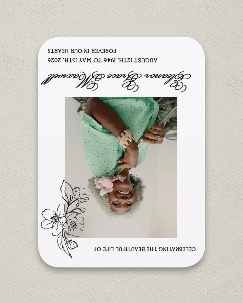 This is a 4½" x 3¼" Memorial Card called Peaceful Petals printed in full color on Luxe Satin paper