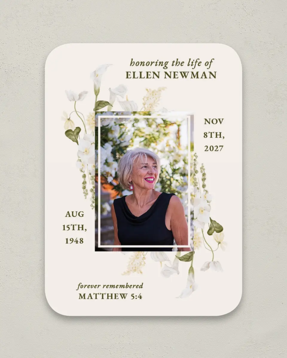 This is a 4½" x 3¼" Memorial Card called Lovely Lilies printed in full color on Luxe Satin paper