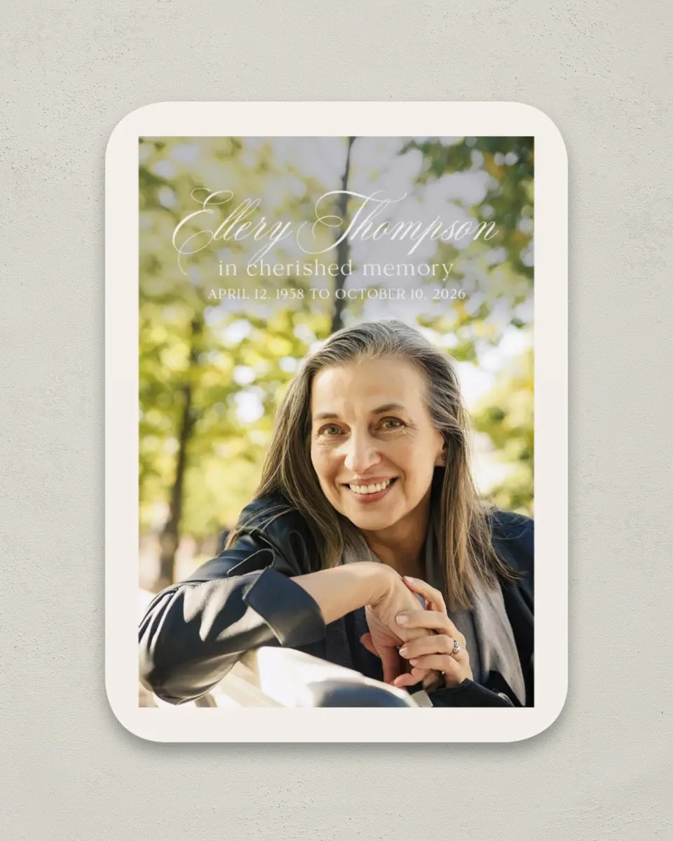 This is a 4½" x 3¼" Memorial Card called New Light printed in full color on Luxe Satin paper