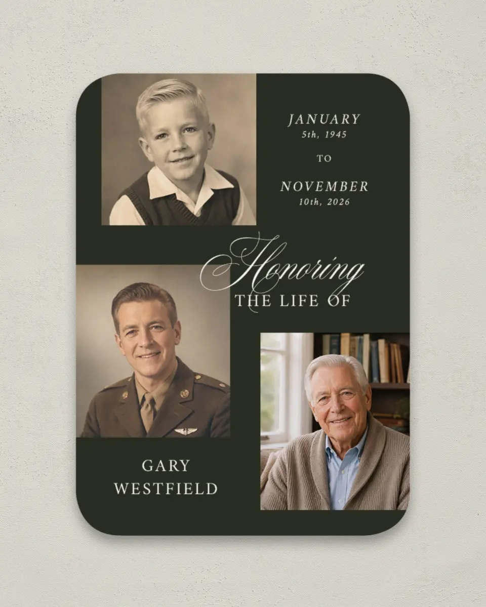 This is a 4½" x 3¼" Memorial Card called Leaving a Legacy printed in full color on Luxe Satin paper