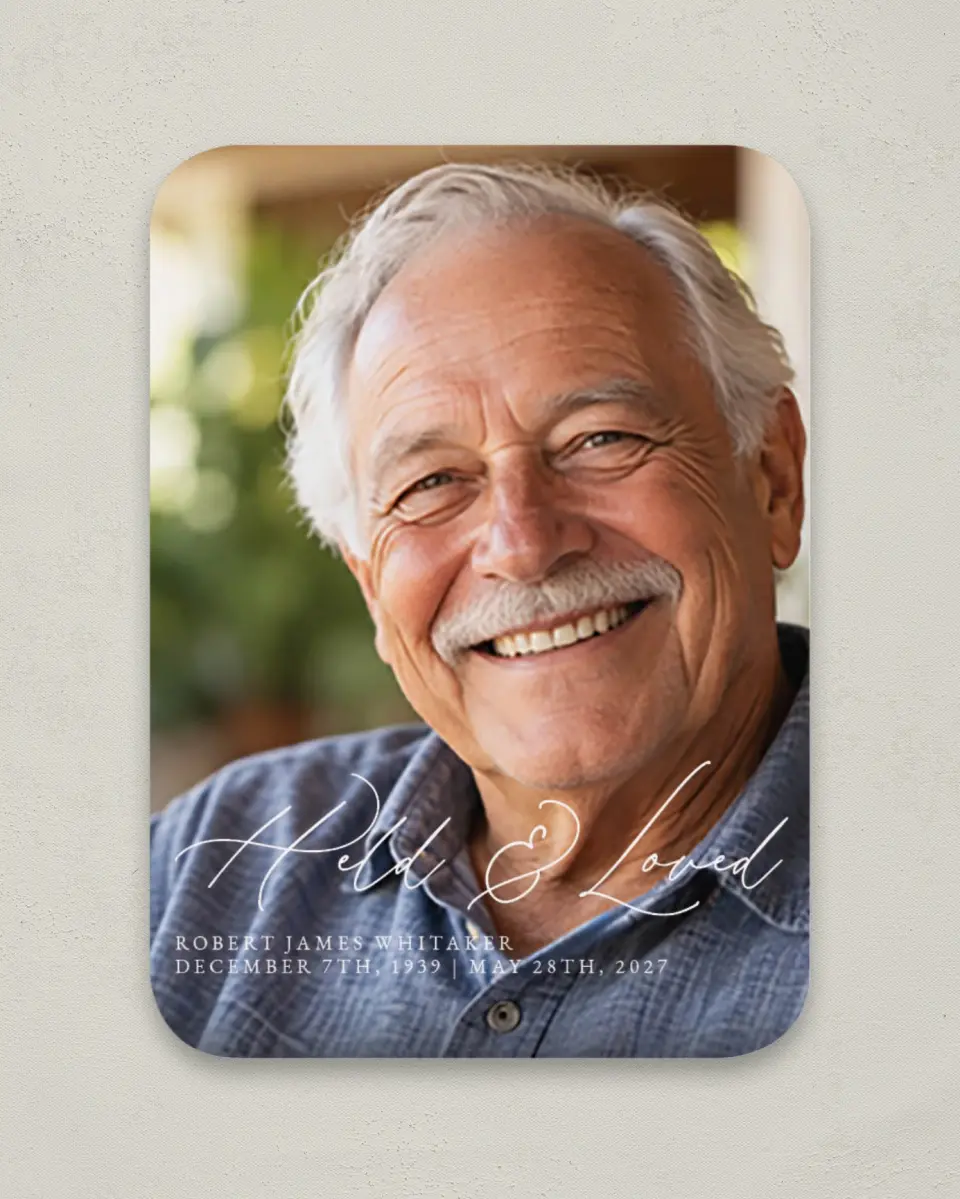 This is a 4½" x 3¼" Memorial Card called Held & Loved printed in full color on Luxe Satin paper