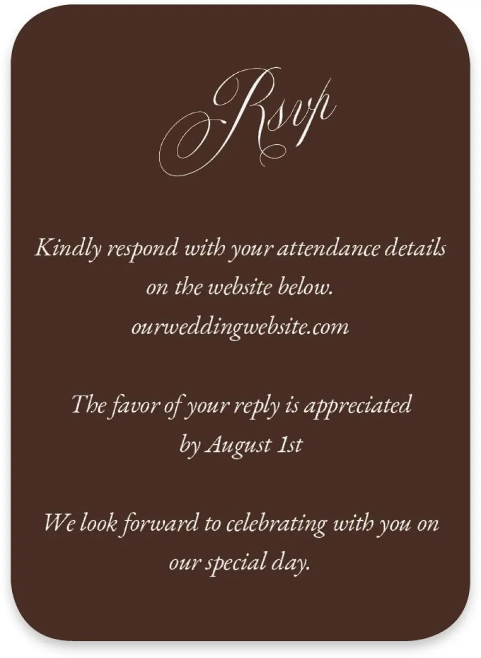 This is a 4½" x 3¼" Wedding Invitation RSVP Postcard called The Isabelle printed in full color with Rose Gold foil on Luxe Satin paper