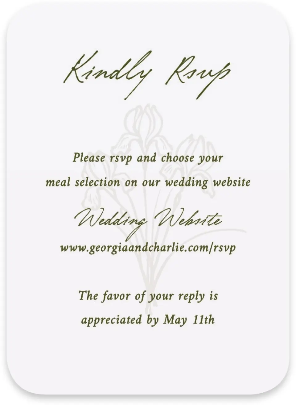 This is a 4½" x 3¼" Wedding Invitation RSVP Postcard called The Georgia printed in full color with Rose Gold foil on Luxe Satin paper