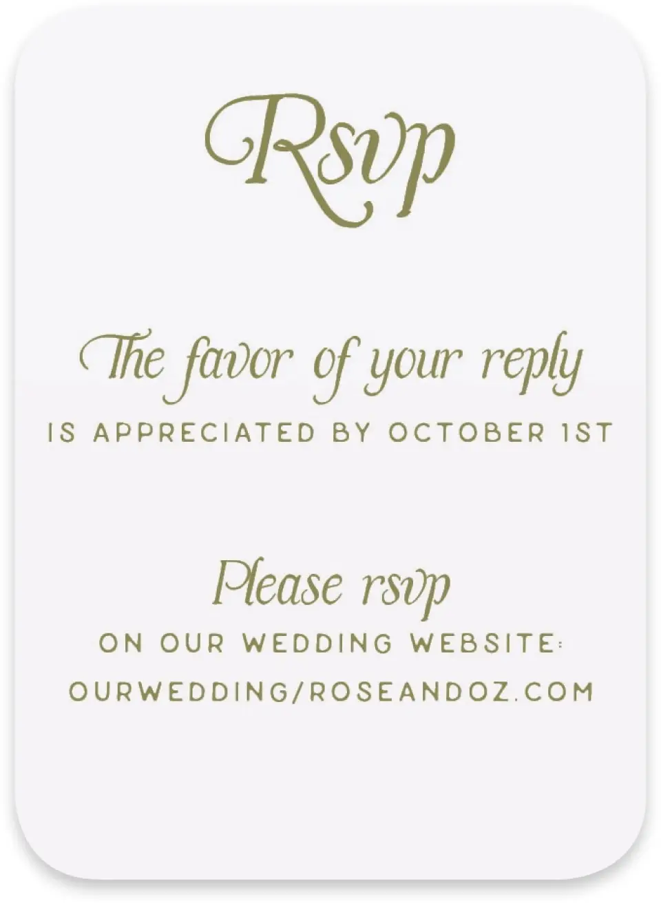 This is a 4½" x 3¼" Wedding Invitation RSVP Postcard called The Rosemary printed in full color with Gold foil on Luxe Satin paper