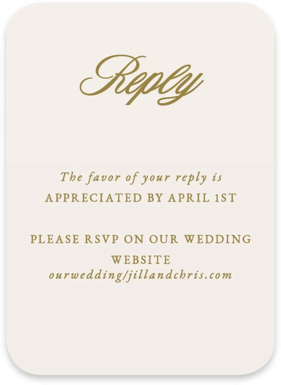 This is a 4½" x 3¼" Wedding Invitation RSVP Postcard called The Jillian printed in full color on Luxe Satin paper