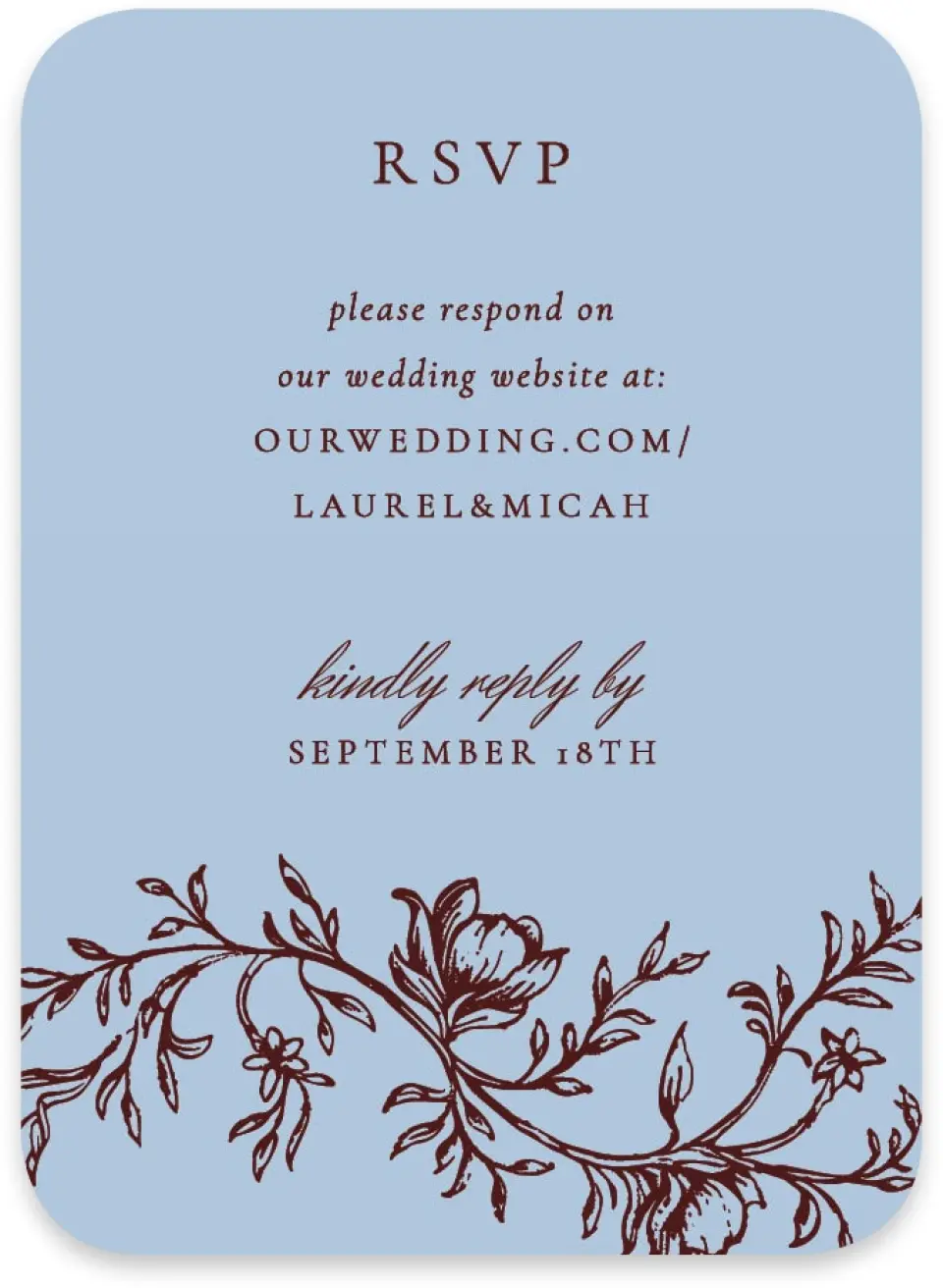 This is a 4½" x 3¼" Wedding Invitation RSVP Postcard called Swan Song printed in full color with Rose Gold foil on Luxe Satin paper