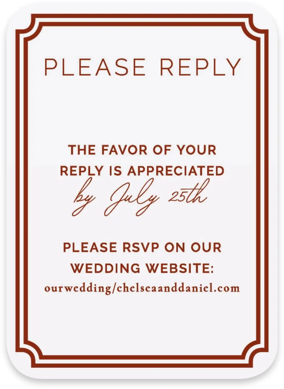 This is a 4½" x 3¼" Wedding Invitation RSVP Postcard called The Chelsea printed in full color on Luxe Satin paper