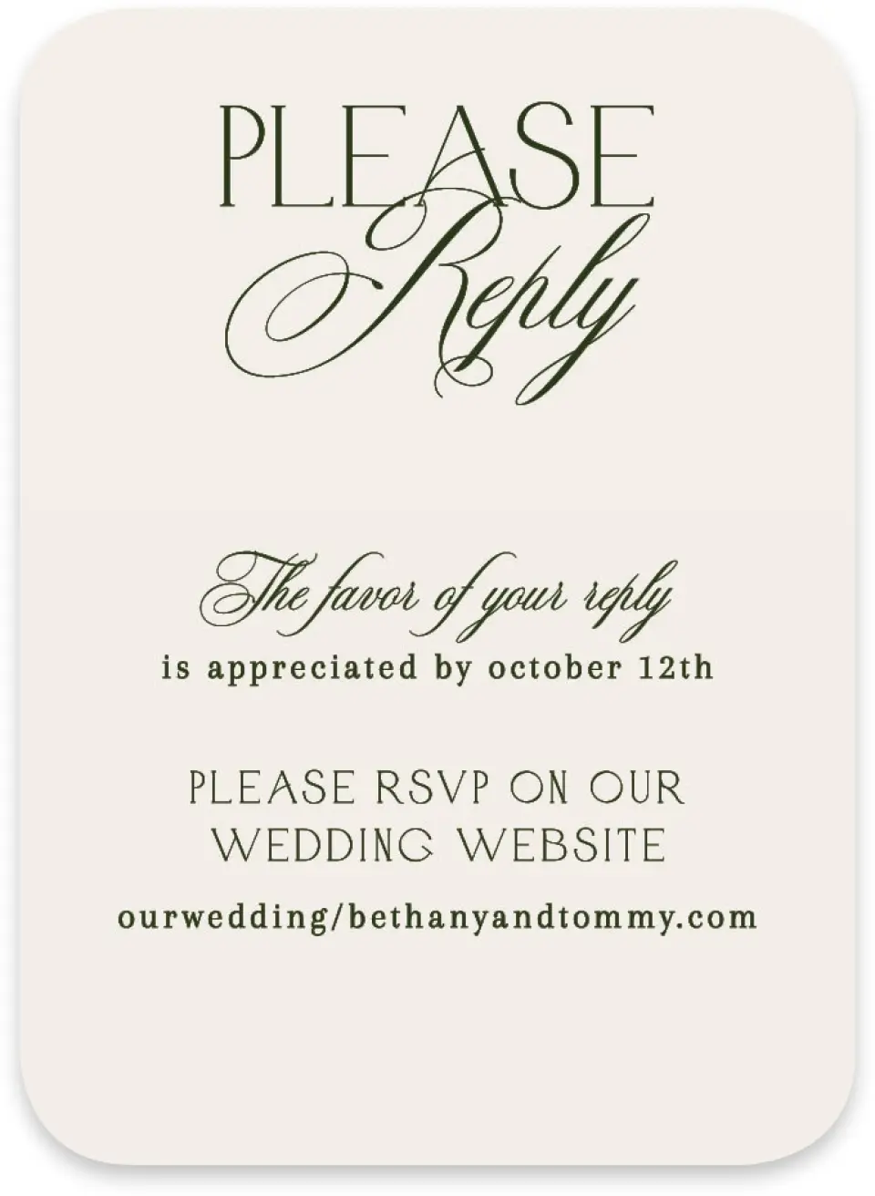 This is a 4½" x 3¼" Wedding Invitation RSVP Postcard called The Bethany printed in full color with Rose Gold foil on Luxe Satin paper