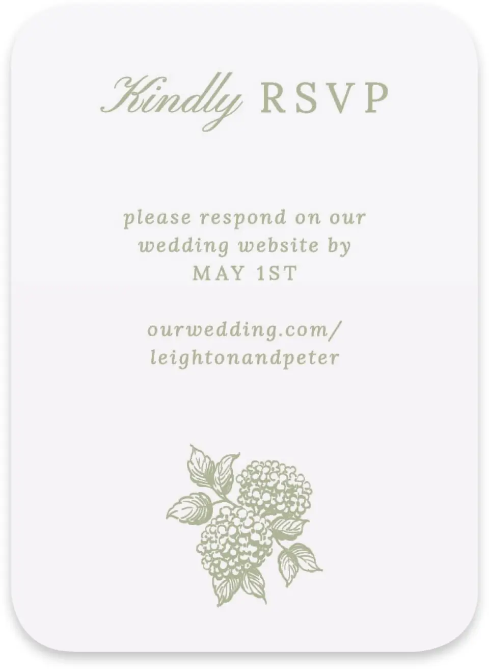 This is a 4½" x 3¼" Wedding Invitation RSVP Postcard called Harmonious Hydrangea printed in full color with Rose Gold foil on Luxe Satin paper