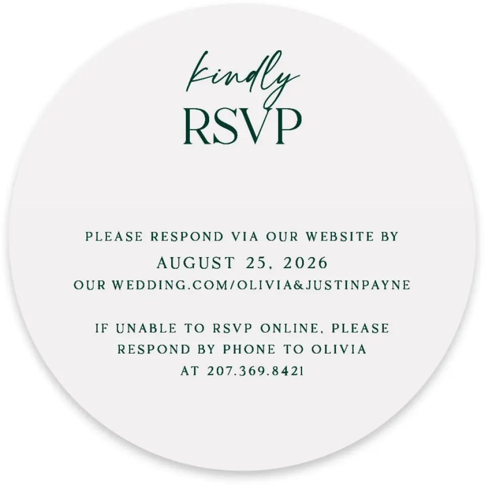 This is a 4" x 4" Wedding Invitation RSVP Postcard called The Olivia printed in full color with Silver foil on Luxe Satin paper