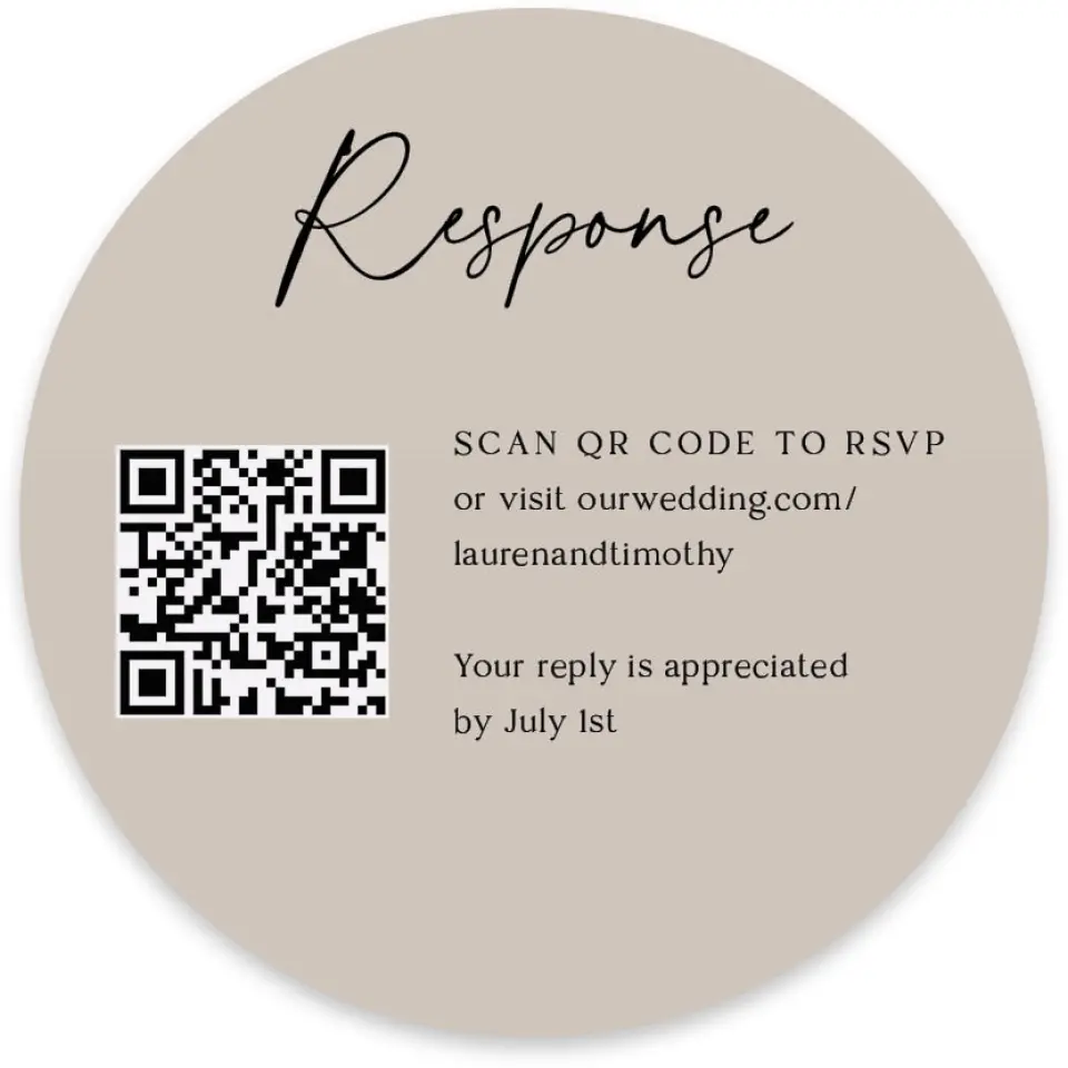 This is a 4" x 4" Wedding Invitation RSVP Postcard called The Lauren printed in full color with Silver foil on Luxe Satin paper
