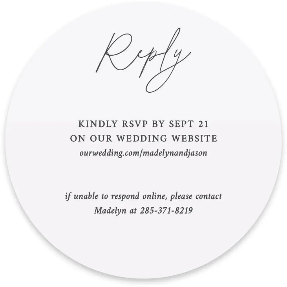 This is a 4" x 4" Wedding Invitation RSVP Postcard called The Madelyn printed in full color on Luxe Satin paper