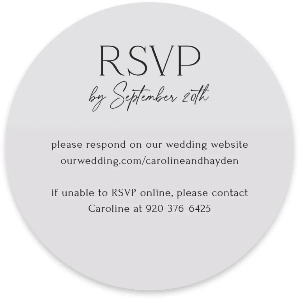 This is a 4" x 4" Wedding Invitation RSVP Postcard called The Caroline printed in full color with Silver foil on Luxe Satin paper