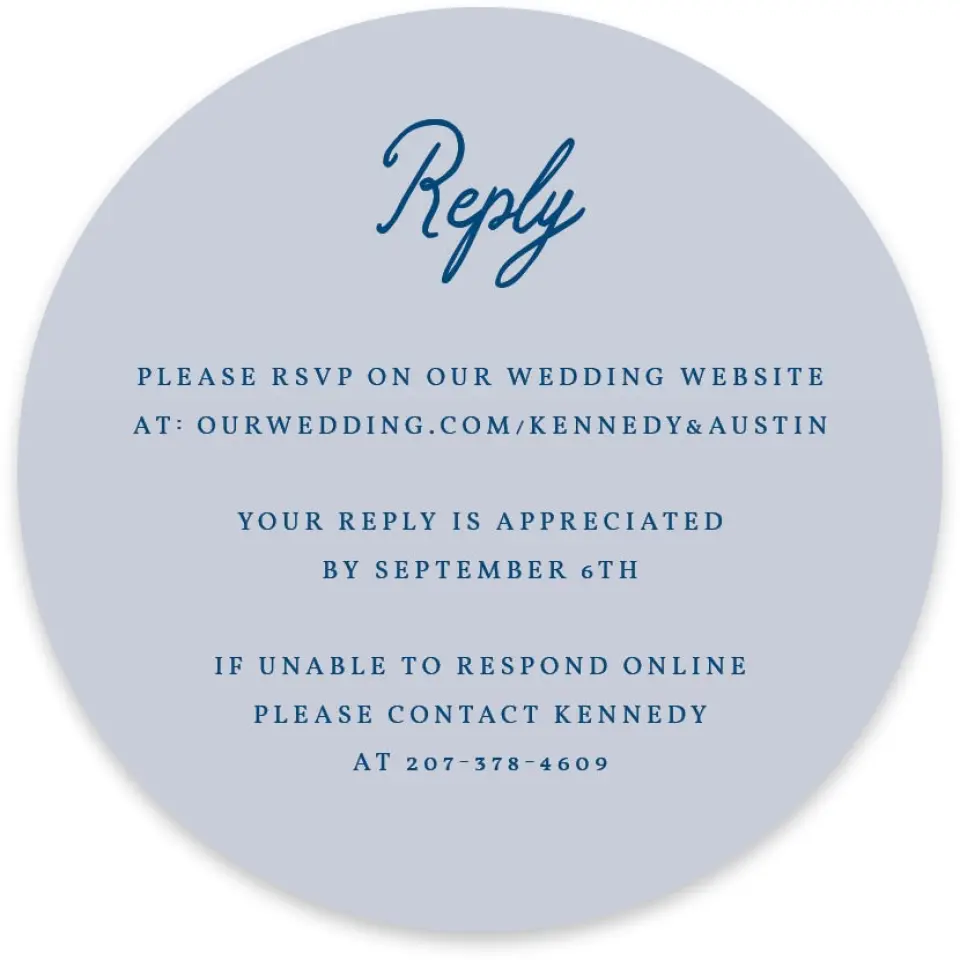 This is a 4" x 4" Wedding Invitation RSVP Postcard called The Kennedy printed in full color on Luxe Satin paper