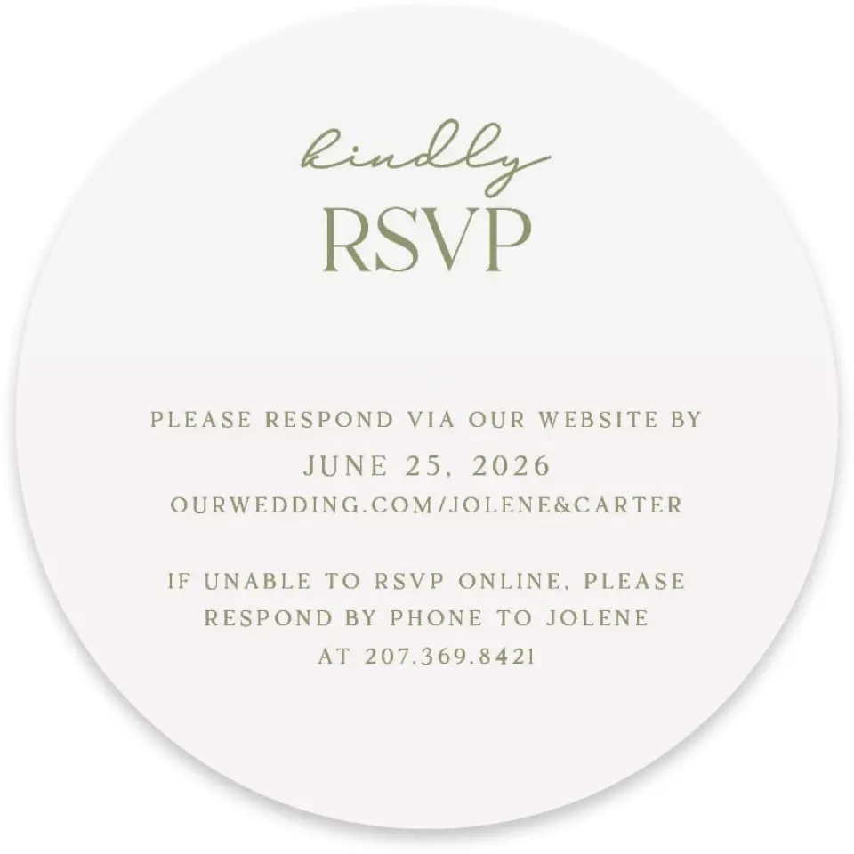 This is a 4" x 4" Wedding Invitation RSVP Postcard called The Jolene printed in full color on Luxe Satin paper