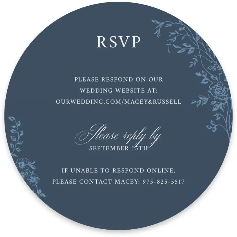 This is a 4" x 4" Wedding Invitation RSVP Postcard called Vintage Reverie printed in full color with Silver foil on Luxe Satin paper