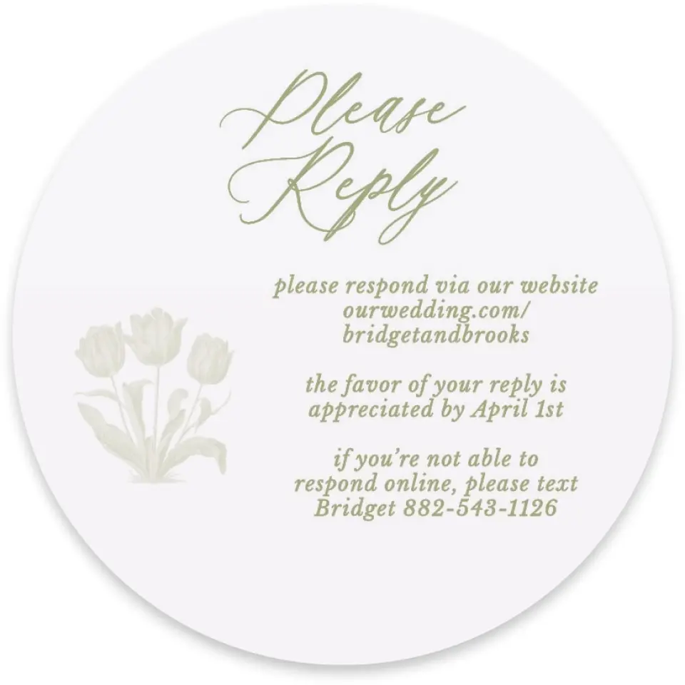 This is a 4" x 4" Wedding Invitation RSVP Postcard called Timeless Tulips printed in full color with Silver foil on Luxe Satin paper