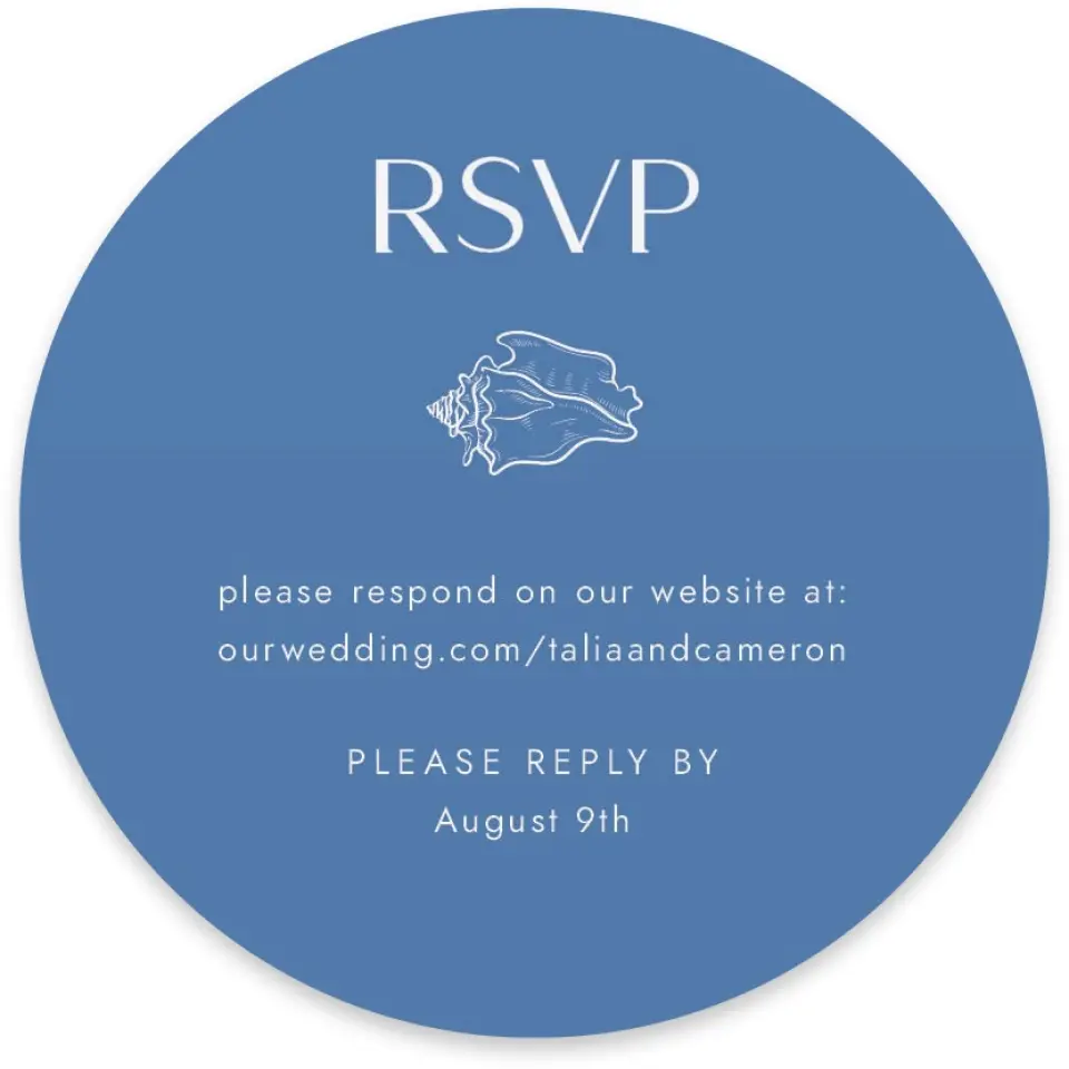 This is a 4" x 4" Wedding Invitation RSVP Postcard called Seaside Serenade printed in full color on Luxe Satin paper