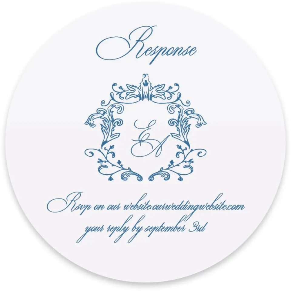 This is a 4" x 4" Wedding Invitation RSVP Postcard called Blue Toile Romance printed in full color on Luxe Satin paper