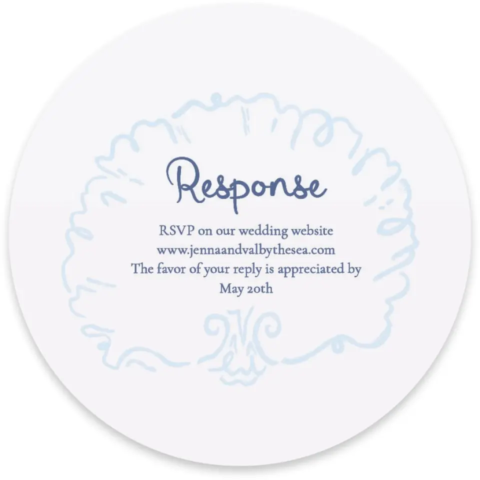 This is a 4" x 4" Wedding Invitation RSVP Postcard called Love by the Sea printed in full color on Luxe Satin paper