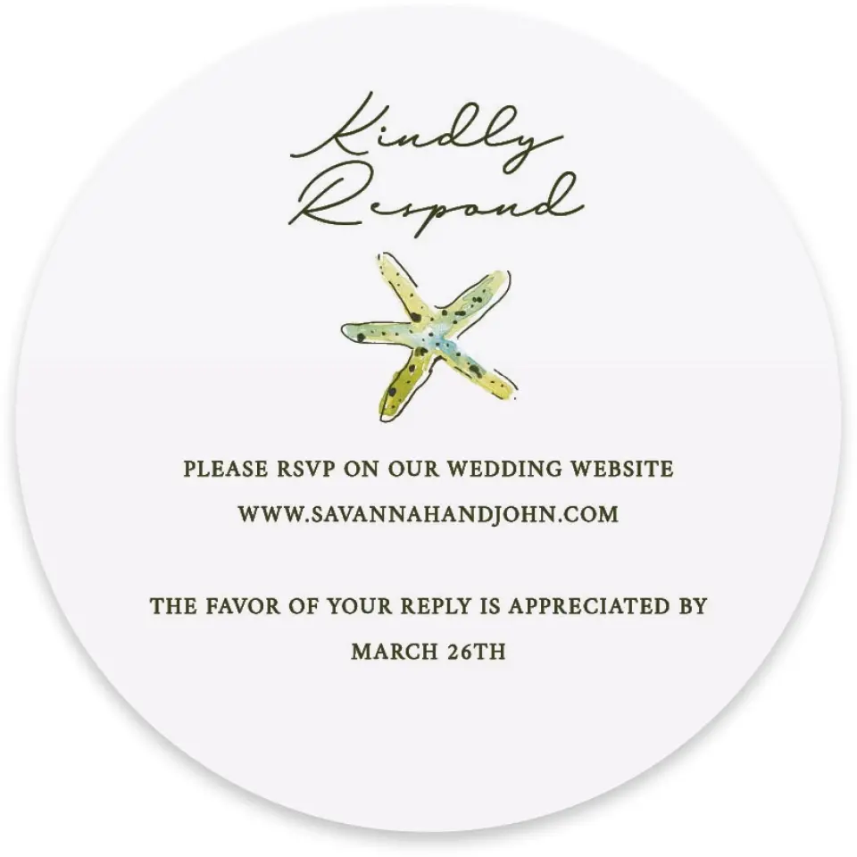 This is a 4" x 4" Wedding Invitation RSVP Postcard called Whimsical Shells printed in full color on Luxe Satin paper