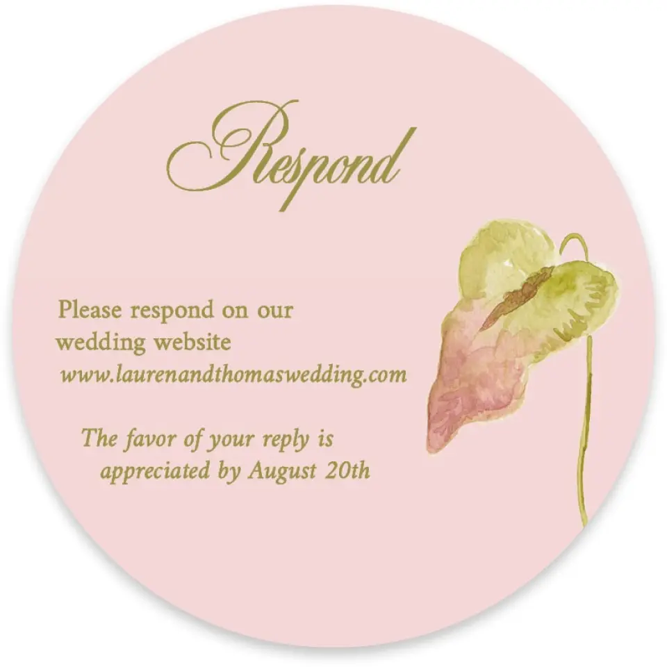 This is a 4" x 4" Wedding Invitation RSVP Postcard called Paradise in Bloom printed in full color with Silver foil on Luxe Satin paper