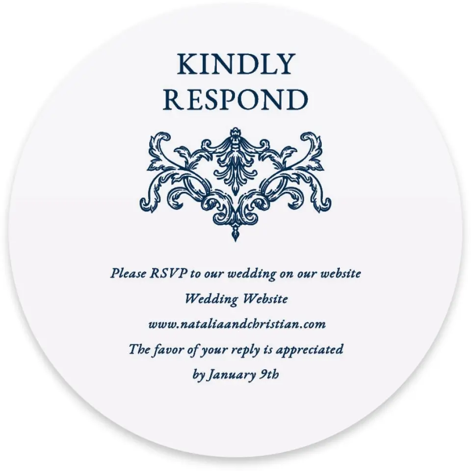 This is a 4" x 4" Wedding Invitation RSVP Postcard called Heirloom Crest printed in full color with Gold foil on Luxe Satin paper