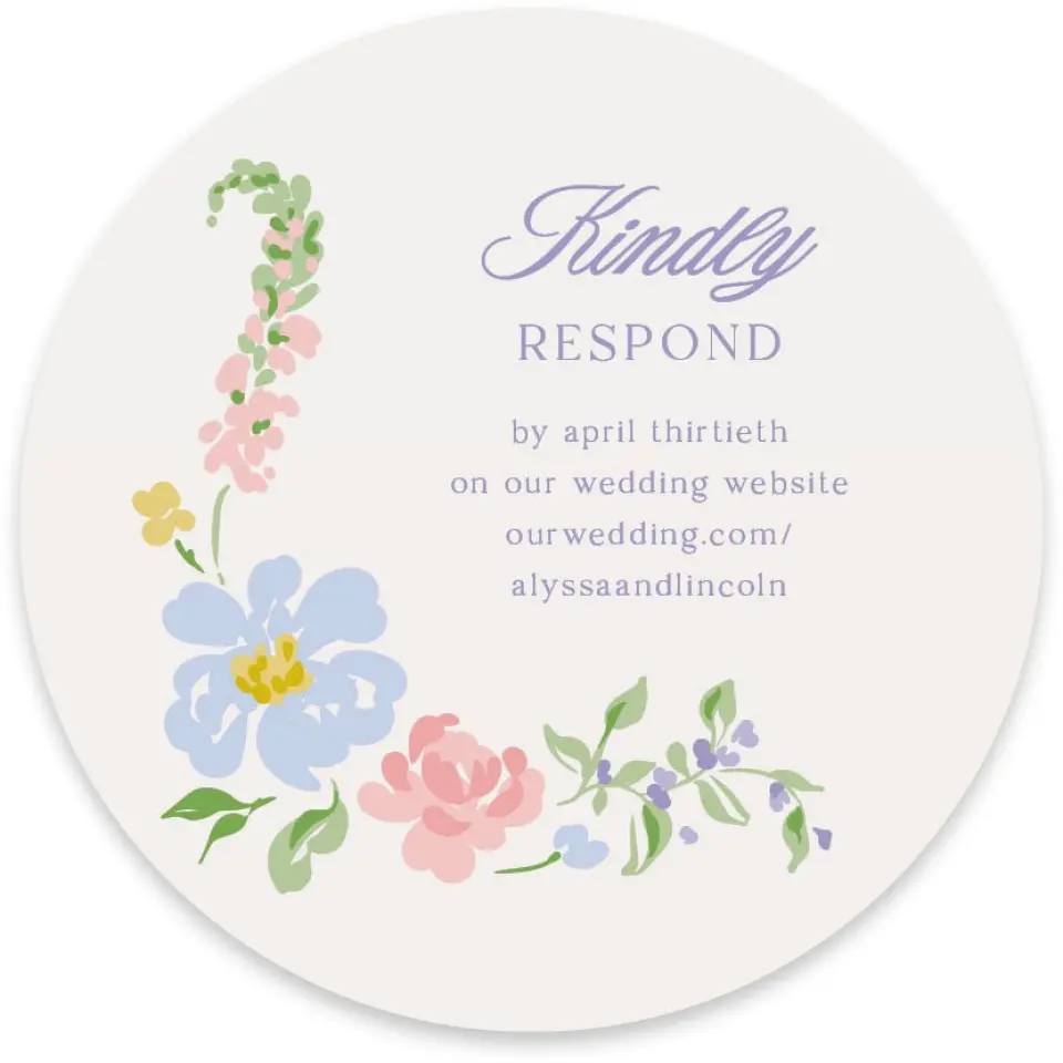 This is a 4" x 4" Wedding Invitation RSVP Postcard called Gentle Garden printed in full color with Gold foil on Luxe Satin paper
