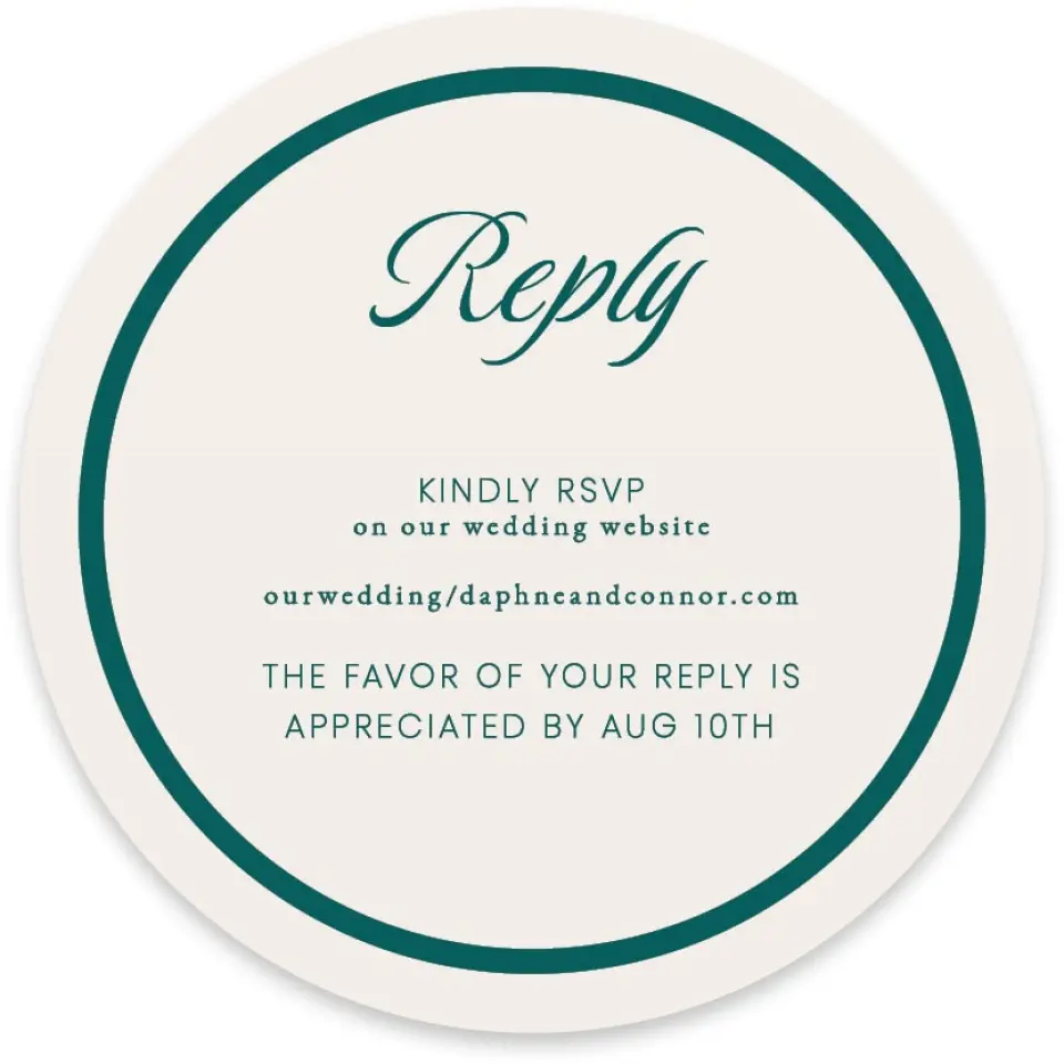 This is a 4" x 4" Wedding Invitation RSVP Postcard called Faithful Frame printed in full color with Gold foil on Luxe Satin paper