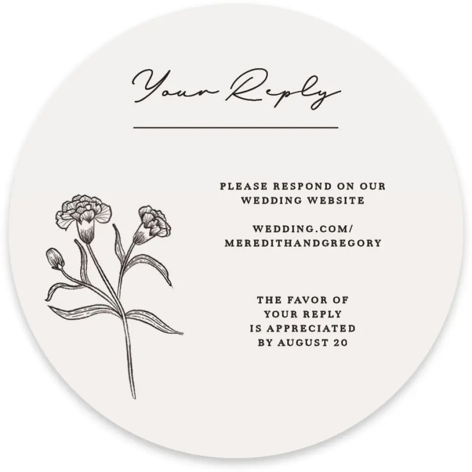 This is a 4" x 4" Wedding Invitation RSVP Postcard called Opulent Endearment printed in full color with Gold foil on Luxe Satin paper