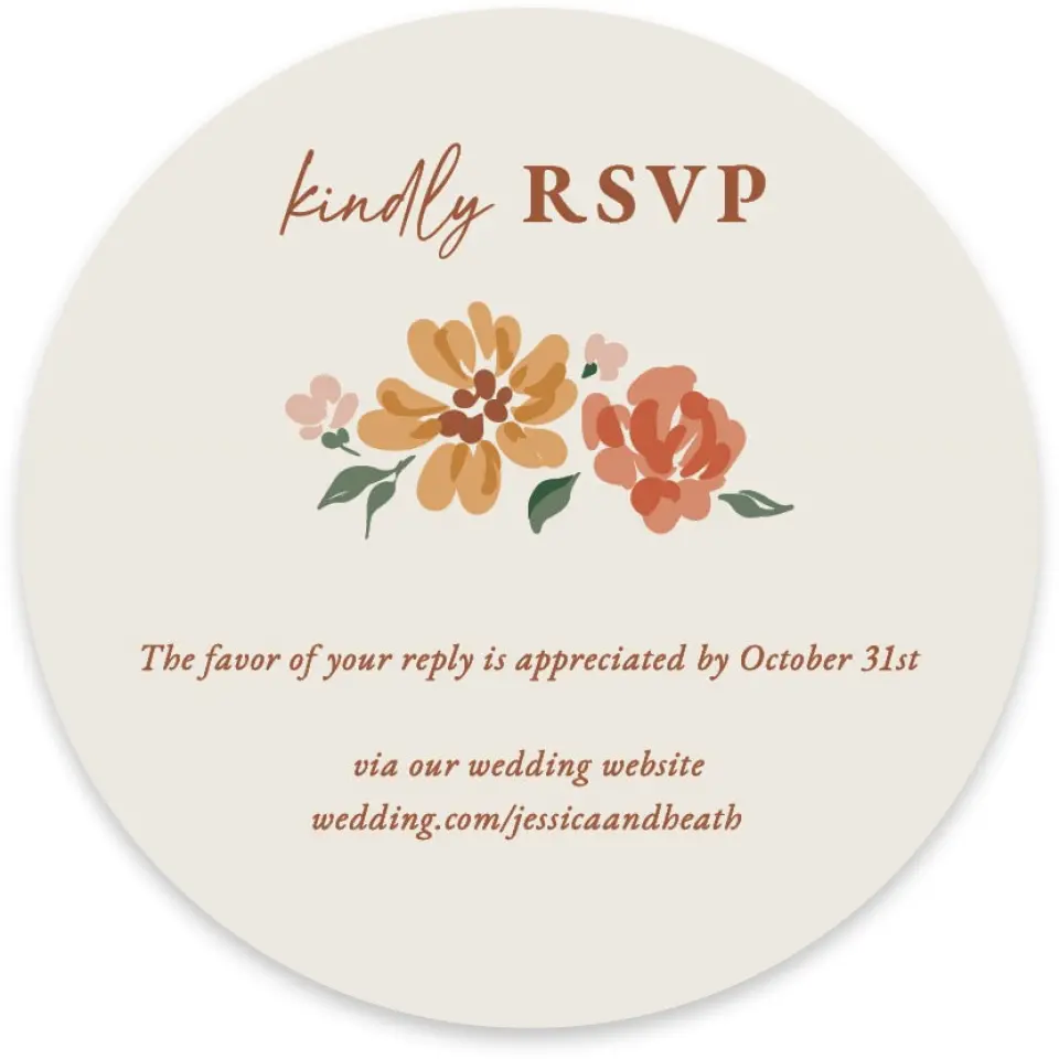 This is a 4" x 4" Wedding Invitation RSVP Postcard called Plush Petals printed in full color with Gold foil on Luxe Satin paper