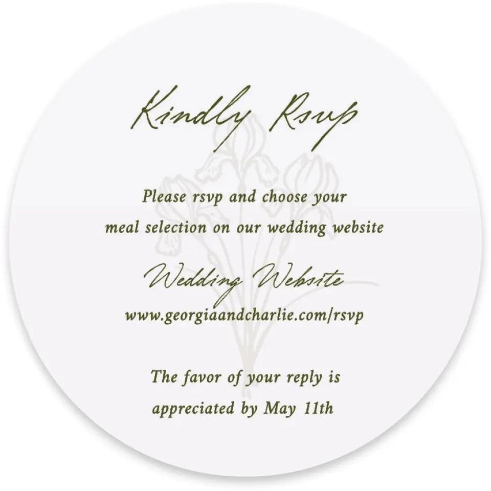 This is a 4" x 4" Wedding Invitation RSVP Postcard called The Georgia printed in full color with Gold foil on Luxe Satin paper