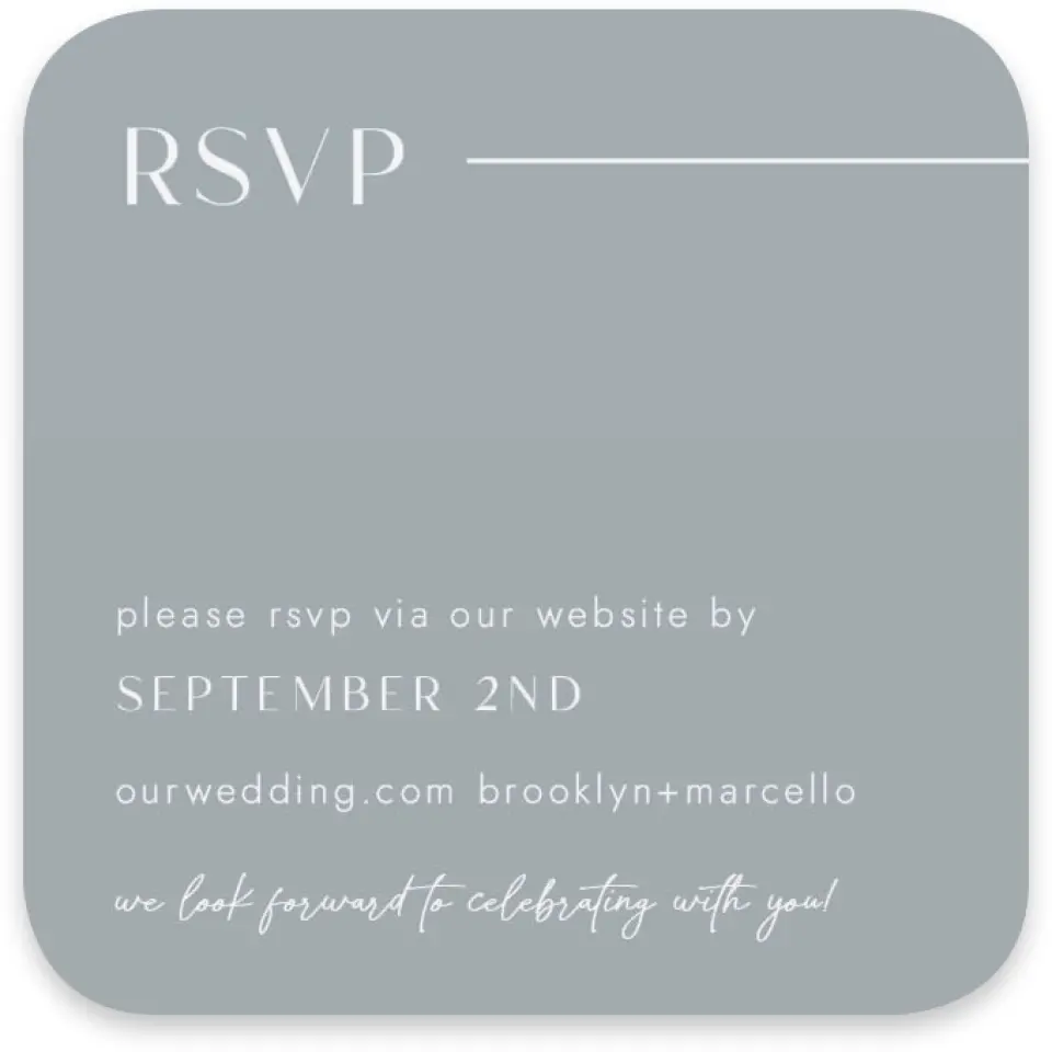 This is a 3¼" x 3¼" Wedding Invitation RSVP Postcard called The Brooklyn printed in full color on Luxe Satin paper