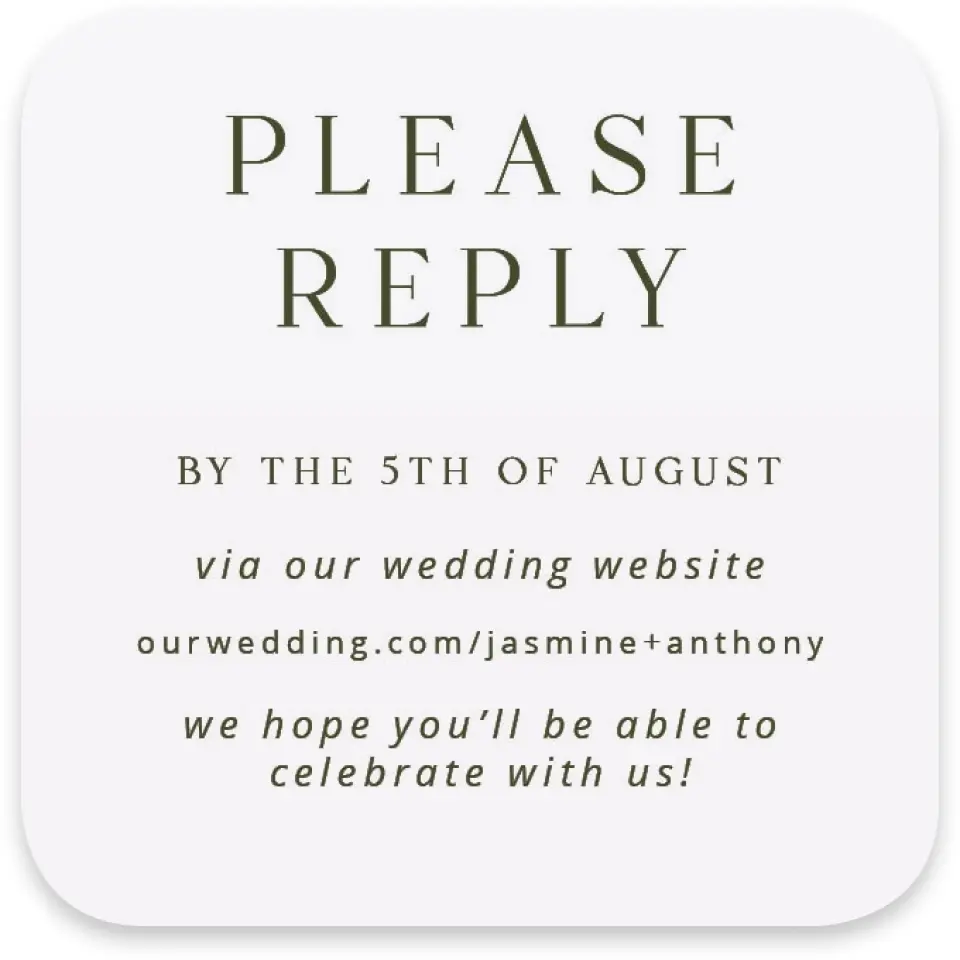 This is a 3¼" x 3¼" Wedding Invitation RSVP Postcard called The Jasmine printed in full color on Luxe Satin paper