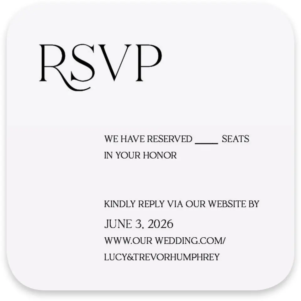 This is a 3¼" x 3¼" Wedding Invitation RSVP Postcard called The Lucy printed in full color on Luxe Satin paper