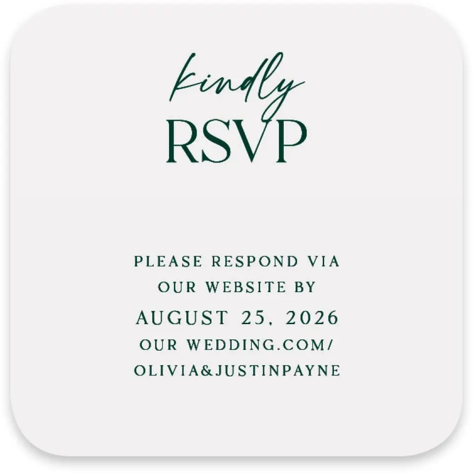 This is a 3¼" x 3¼" Wedding Invitation RSVP Postcard called The Olivia printed in full color with Silver foil on Luxe Satin paper