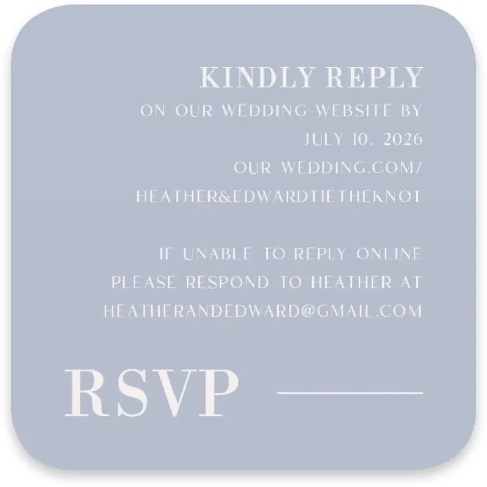 This is a 3¼" x 3¼" Wedding Invitation RSVP Postcard called The Heather printed in full color on Luxe Satin paper