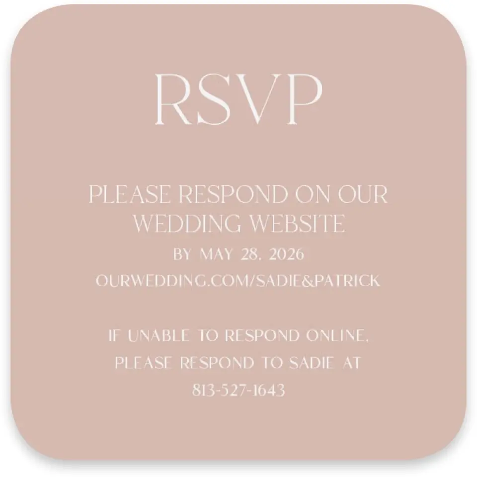 This is a 3¼" x 3¼" Wedding Invitation RSVP Postcard called The Sadie printed in full color with Silver foil on Luxe Satin paper
