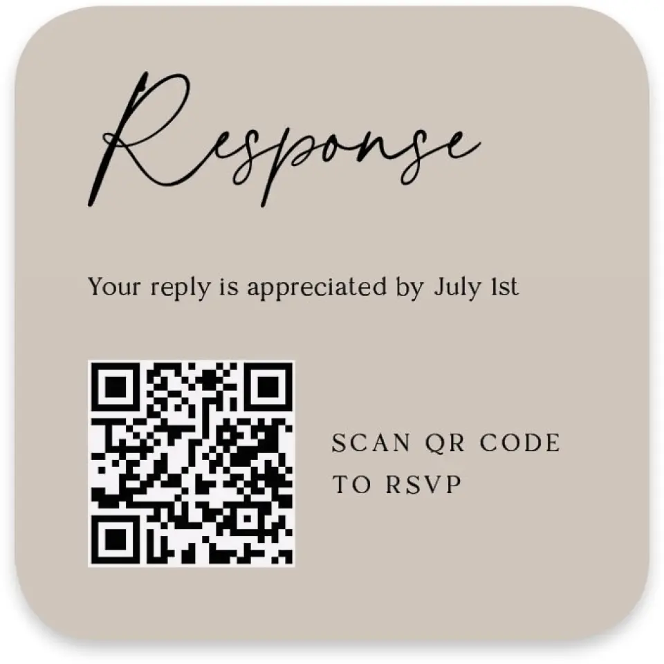 This is a 3¼" x 3¼" Wedding Invitation RSVP Postcard called The Lauren printed in full color with Silver foil on Luxe Satin paper