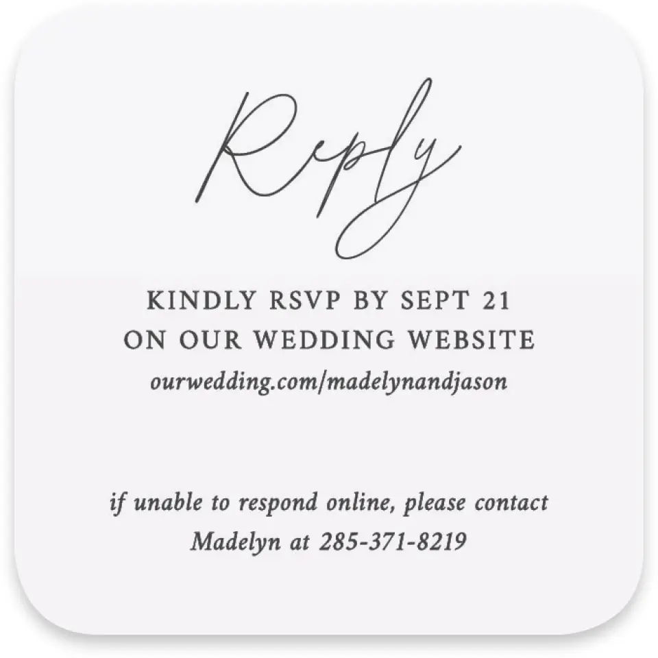 This is a 3¼" x 3¼" Wedding Invitation RSVP Postcard called The Madelyn printed in full color with Silver foil on Luxe Satin paper