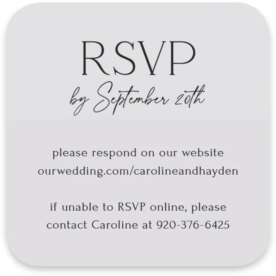 This is a 3¼" x 3¼" Wedding Invitation RSVP Postcard called The Caroline printed in full color with Silver foil on Luxe Satin paper