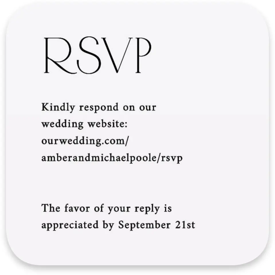 This is a 3¼" x 3¼" Wedding Invitation RSVP Postcard called The Amber printed in full color with Silver foil on Luxe Satin paper
