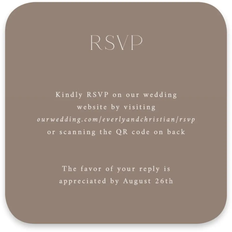 This is a 3¼" x 3¼" Wedding Invitation RSVP Postcard called The Everly printed in full color with Rose Gold foil on Luxe Satin paper