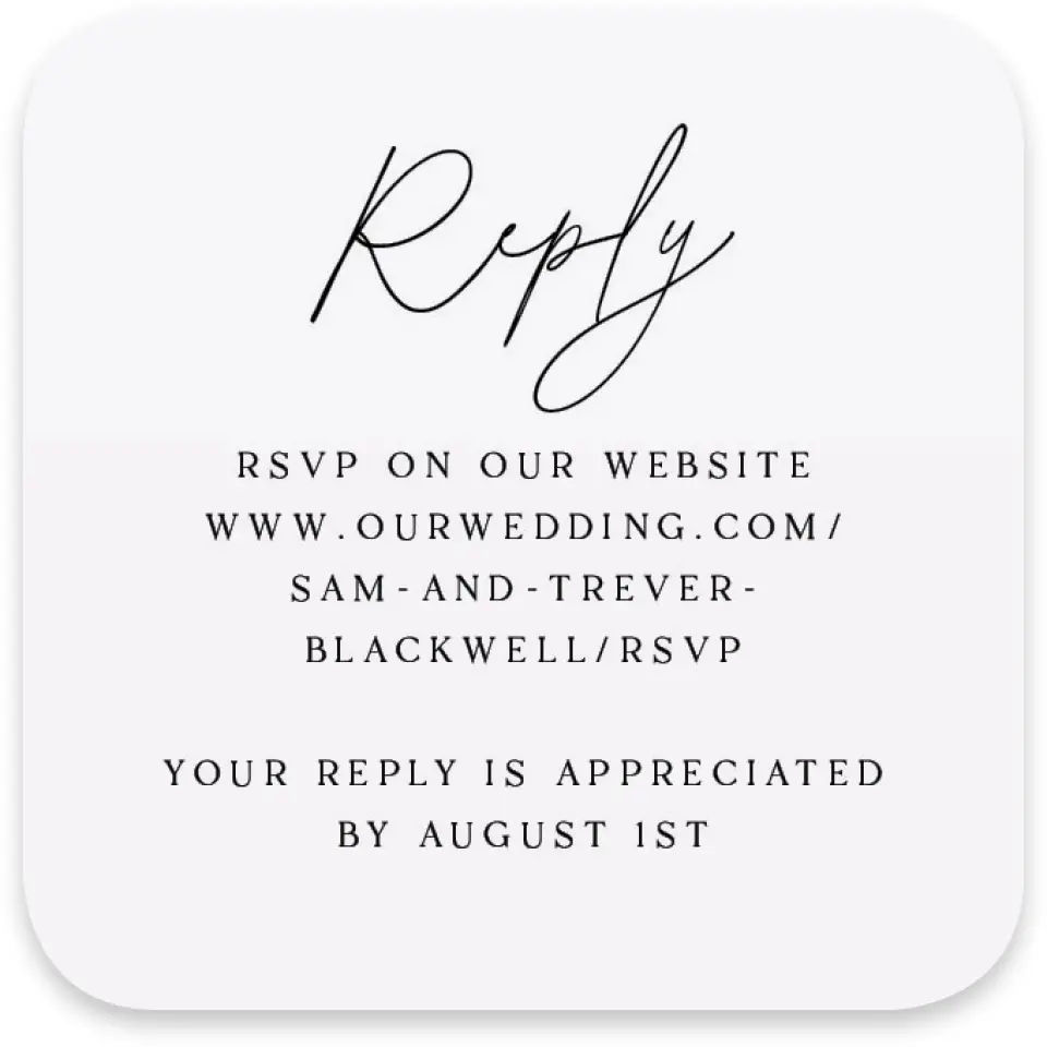 This is a 3¼" x 3¼" Wedding Invitation RSVP Postcard called The Samantha printed in full color on Luxe Satin paper