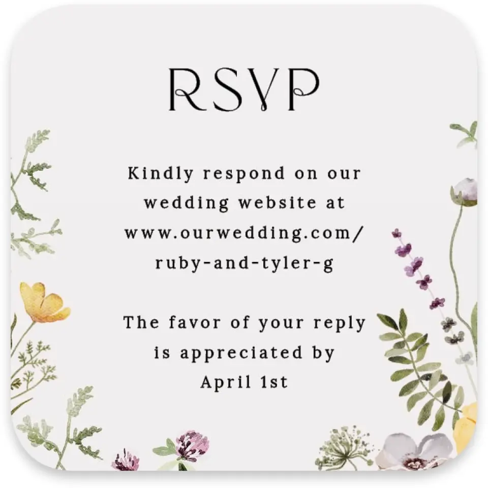 This is a 3¼" x 3¼" Wedding Invitation RSVP Postcard called The Ruby printed in full color with Gold foil on Luxe Satin paper