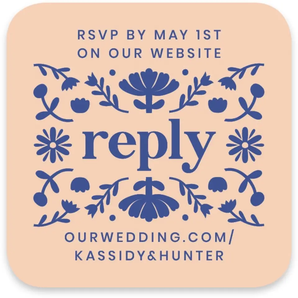 This is a 3¼" x 3¼" Wedding Invitation RSVP Postcard called The Kassidy printed in full color on Luxe Satin paper
